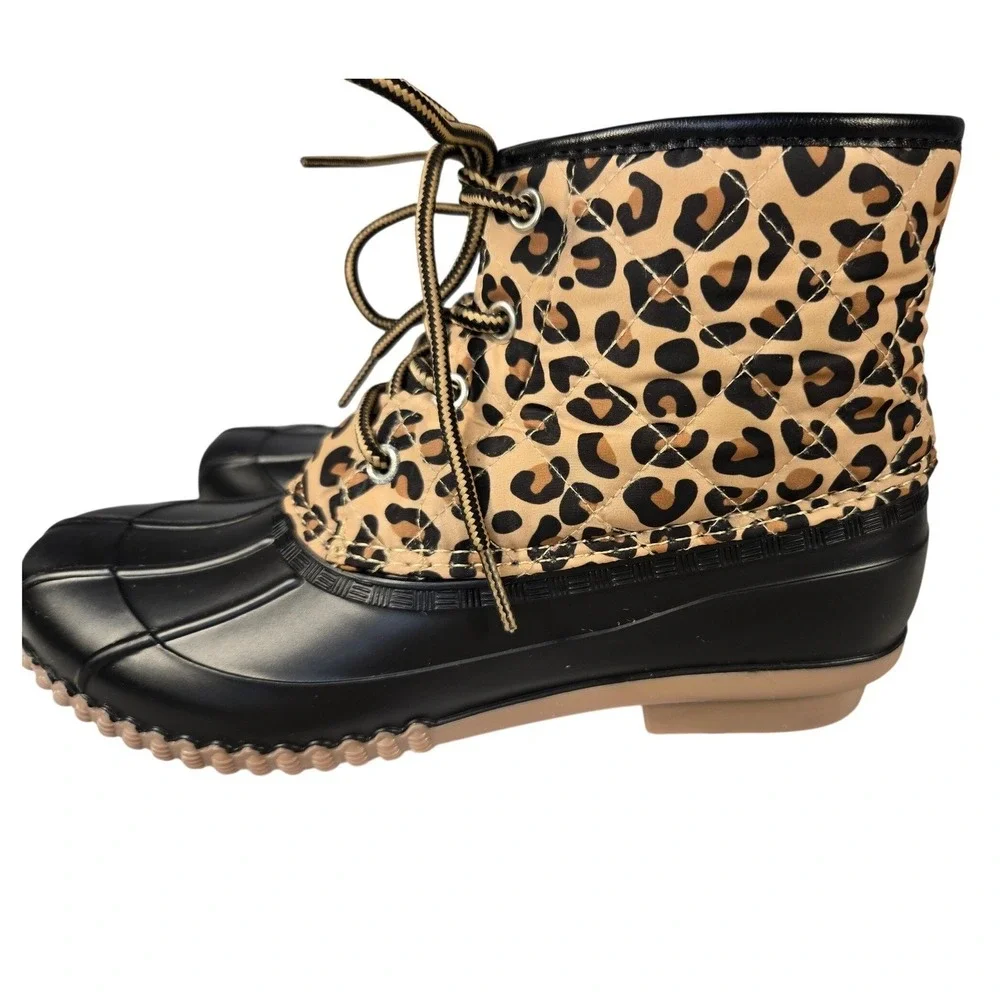 Magellan‎ Outdoors Womens Leopard Print Duck Boots Black Tan Lace Up 167828 Sz 8